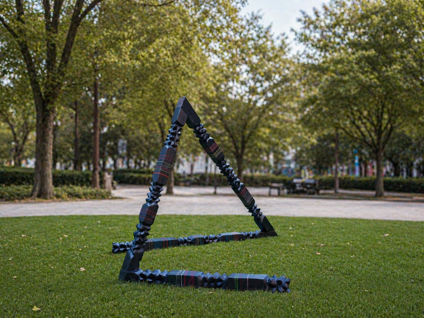 Invitation to Play — a monumental charred redwood triangle wound with multicolored threads, standing on a public lawn