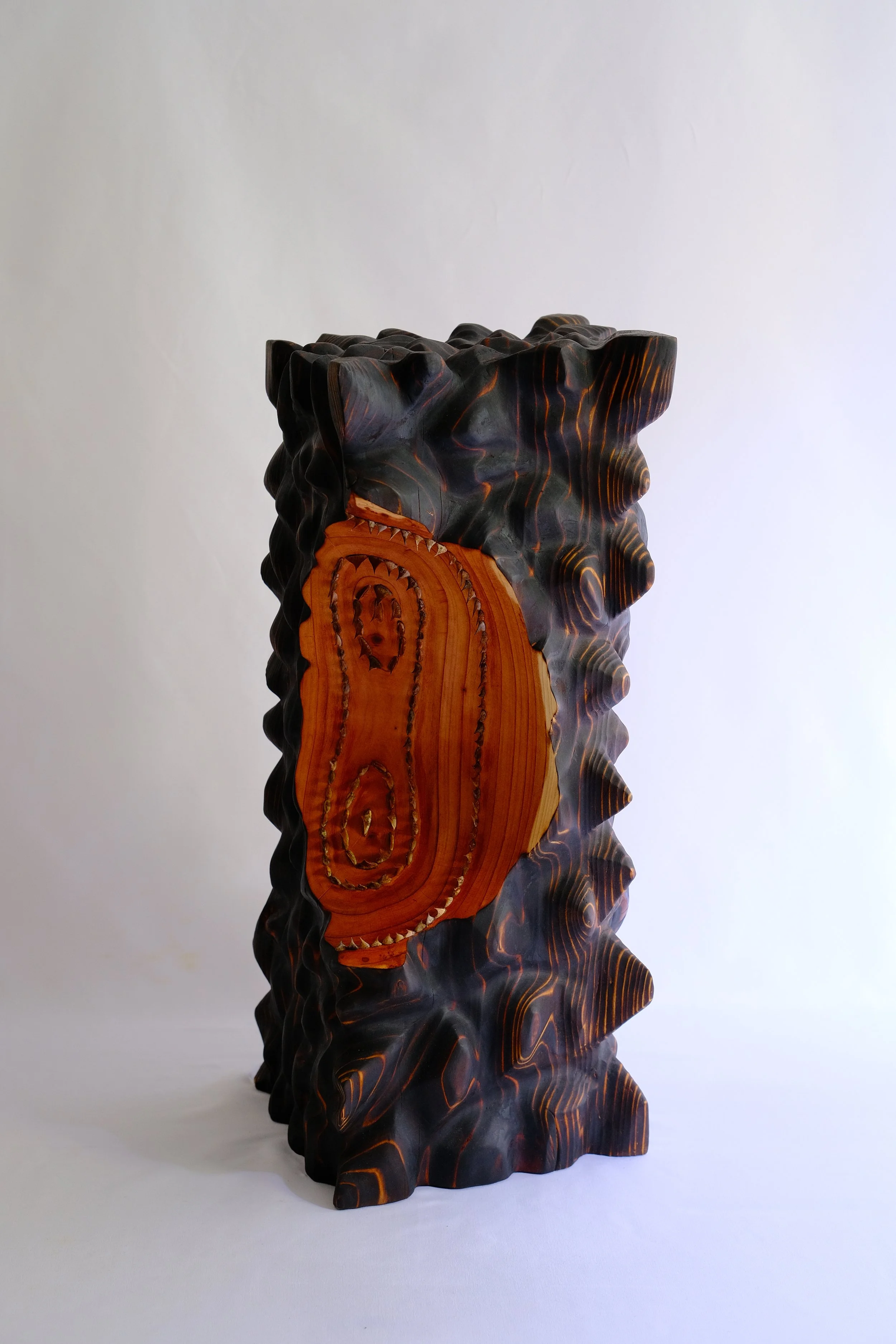 Taming the Expectations — a jagged charred column opening to reveal a polished amber wooden core