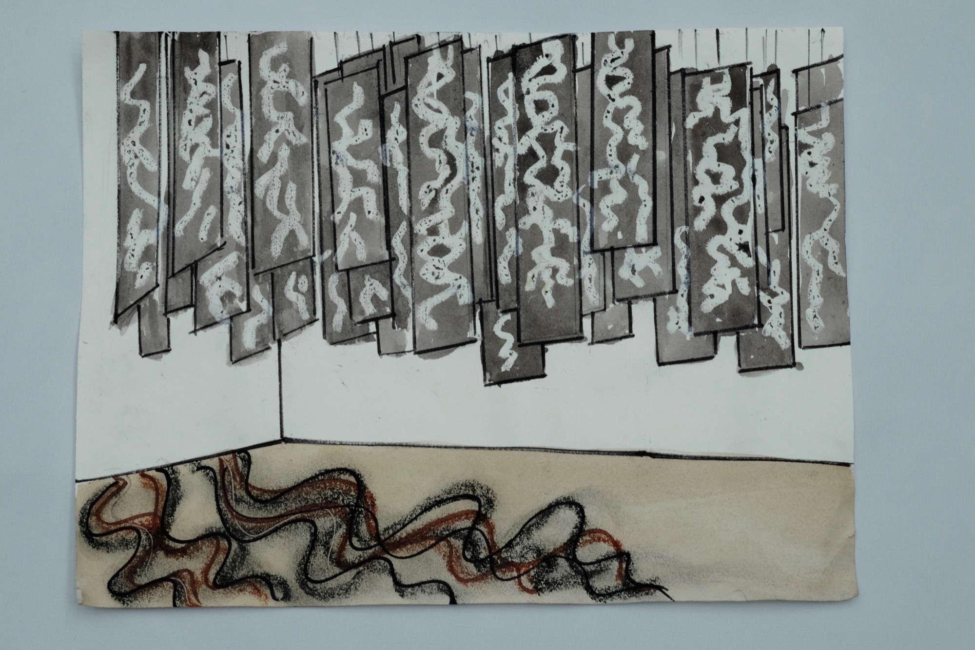 Wood Blocks — ink and charcoal study of hanging carved panels and a winding root-line drawn below